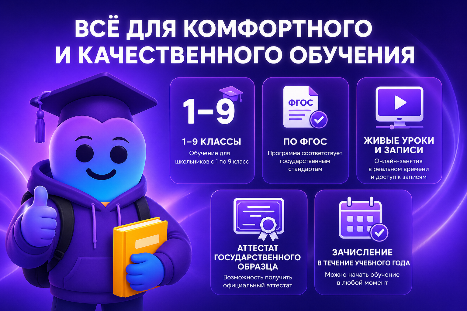 Всё для комфортного и качественного обучения: 1–9 классы, по ФГОС, живые уроки, аттестат гос. образца, зачисление в течение года