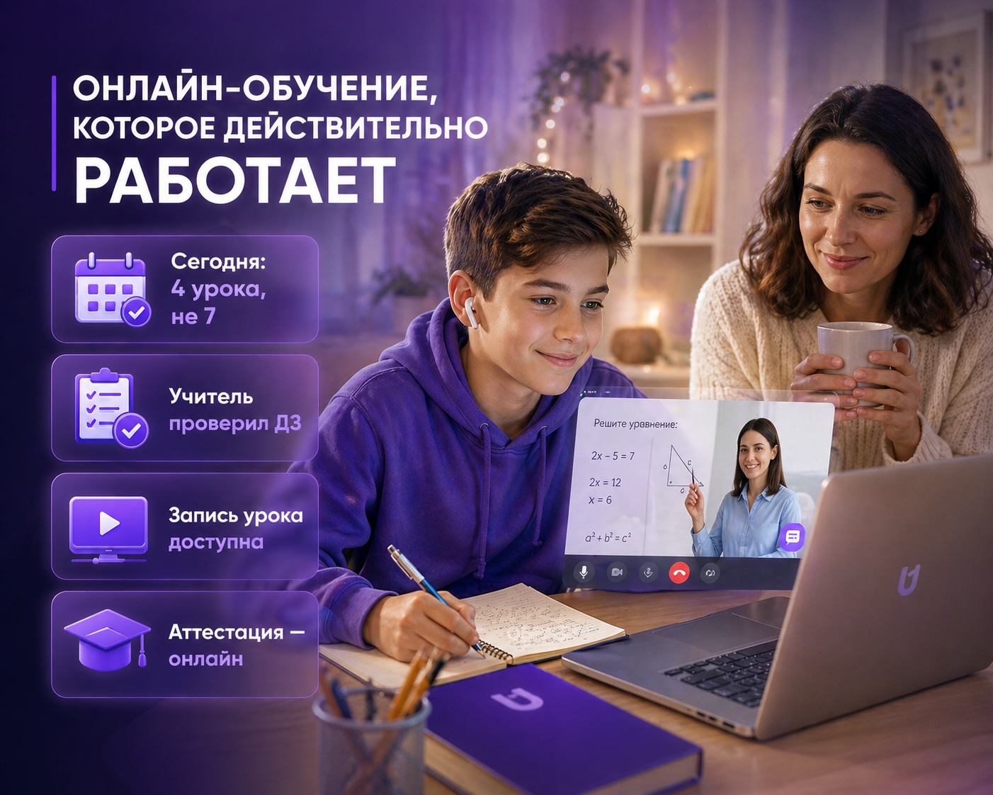 Мама с сыном на онлайн-уроке — обучение действительно работает